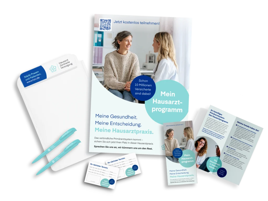 Das Powermonat-Paket: Alles für die Patientenansprache – inklusive Klemmbrett, Poster, Flyer, Kugelschreibern und Terminblöcken.
