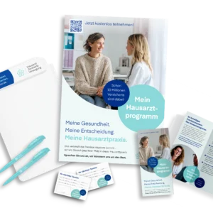 Das Powermonat-Paket: Alles für die Patientenansprache – inklusive Klemmbrett, Poster, Flyer, Kugelschreibern und Terminblöcken.
