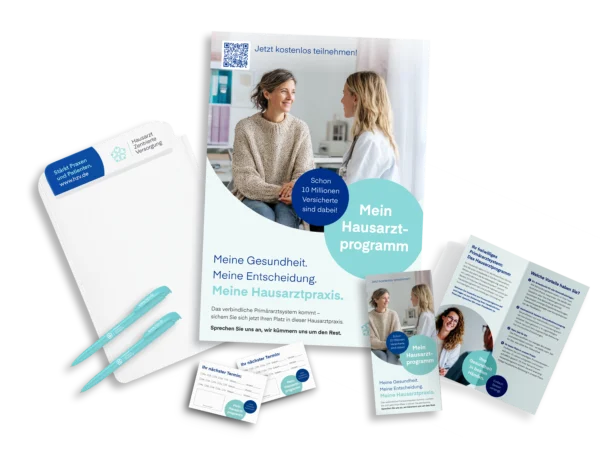 Das Powermonat-Paket: Alles für die Patientenansprache – inklusive Klemmbrett, Poster, Flyer, Kugelschreibern und Terminblöcken.
